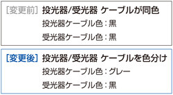 [変更前]投光器/受光器 ケーブルが同色(投光器ケーブル色：黒　受光器ケーブル色：黒)　[変更後]投光器/受光器 ケーブルを色分け(投光器ケーブル色：グレー　受光器ケーブル色：黒)