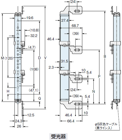 図は、側面取付金具MS-SF4BC-6（別売）と側面取付金具用中間保持金具MS-SF4BC-7（別売）を使用して側面取り付けを行なう場合です。