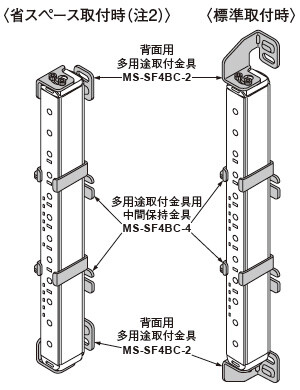 背面用多用途取付金具および多用途取付金具用中間保持金具