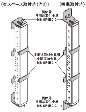 側面用多用途取付金具および多用途取付金具用中間保持金具