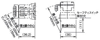 開き扉の中心をセーフティスイッチ接触面基準とした場合