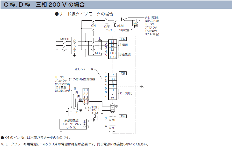 C枠, D枠　三相200 Vの場合